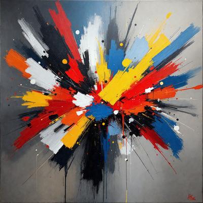 The primary subject of the image is a large, colorful painting featuring a circle with various colors and shapes. The setting is a wall, and the visual style appears to be a combination of digital art and illustration. The dominant colors in the painting are red, blue, yellow, and orange, creating a vibrant and lively atmosphere.